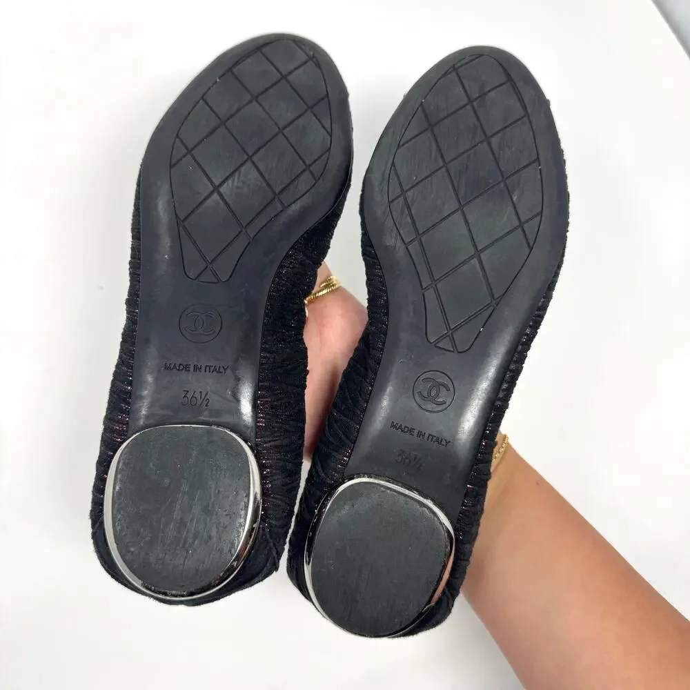 Chanel Black Fabric Ballet Flats with Pink Lurex Thread CC Logo 36.5 Rare Runway